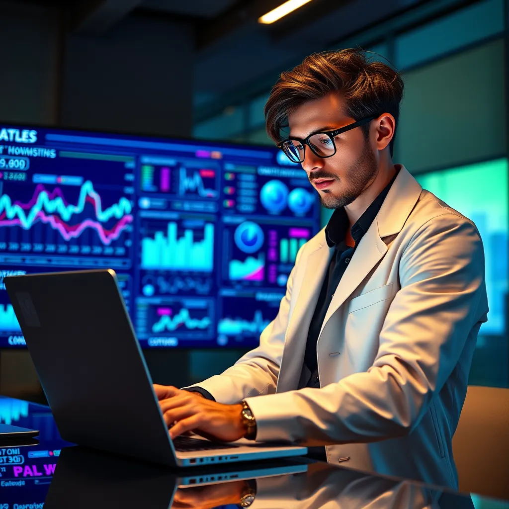 An image of a data scientist, wearing a stylish outfit, working on a powerful laptop in a modern office setting. The background features a large screen displaying dynamic visualizations and graphs representing market data. The lighting should be dramatic and focused, highlighting the data scientist's focused expression and the intricate details of the data analysis. The color palette should be vibrant and energetic, incorporating bold blues, purples, and greens, representing the complexity and depth of the market research. The overall image should convey a sense of precision, innovation, and the power of data-driven insights.